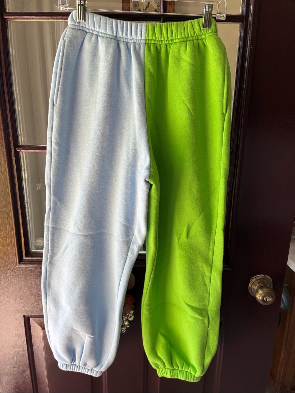 Two-Tone Light Blue and Neon Green Fleece Sweatpants